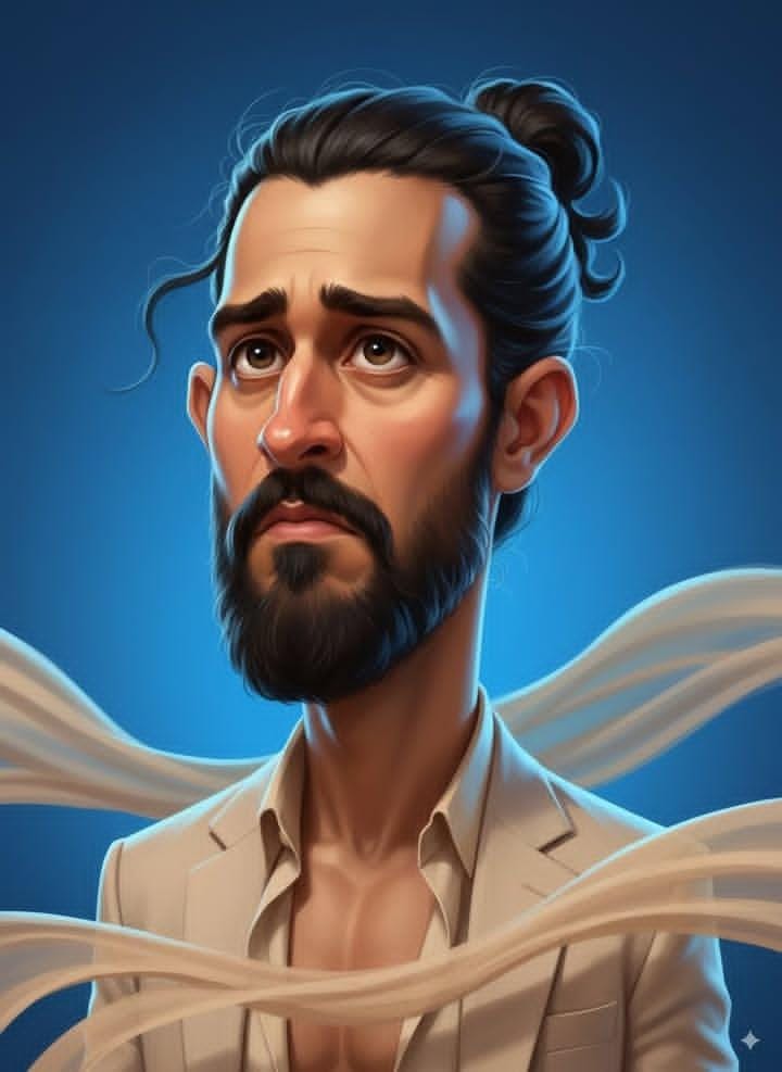 Caricatured portrait looking upward