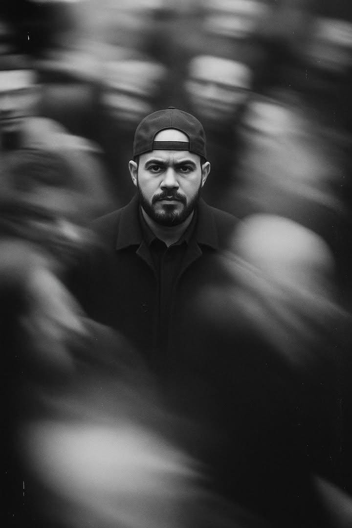 Black and white portrait with motion blur background