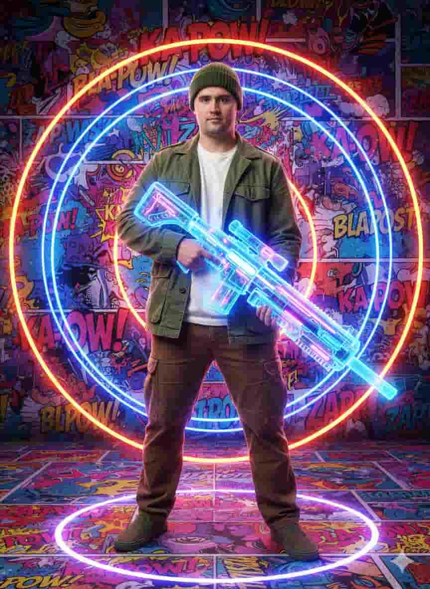 AI prompt generated image - urban man with holographic rifle