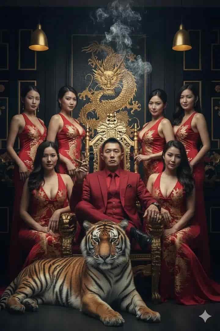 Man on throne with cigar and women