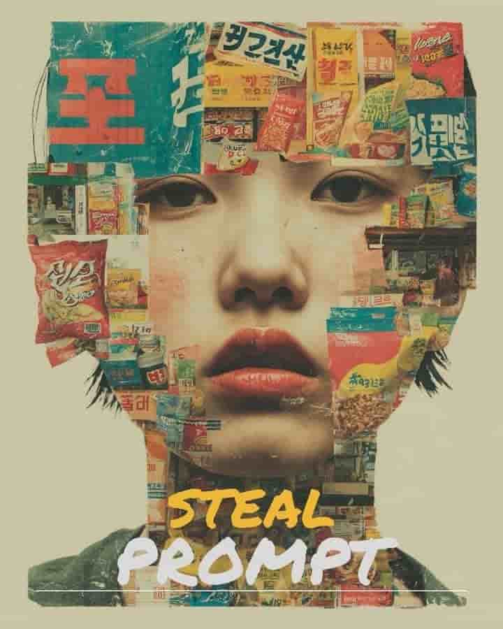 surreal face layered with Korean bodega elements