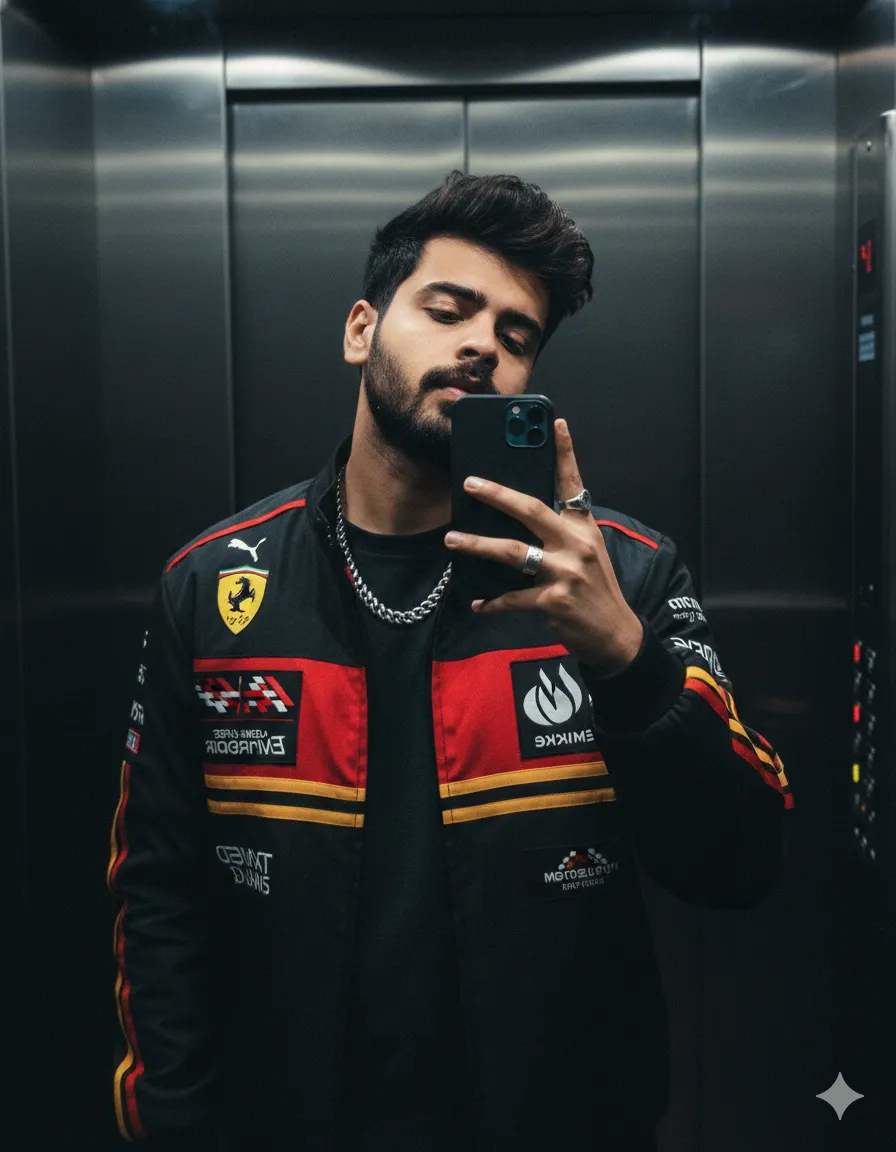moody mirror selfie Ferrari racing jacket elevator