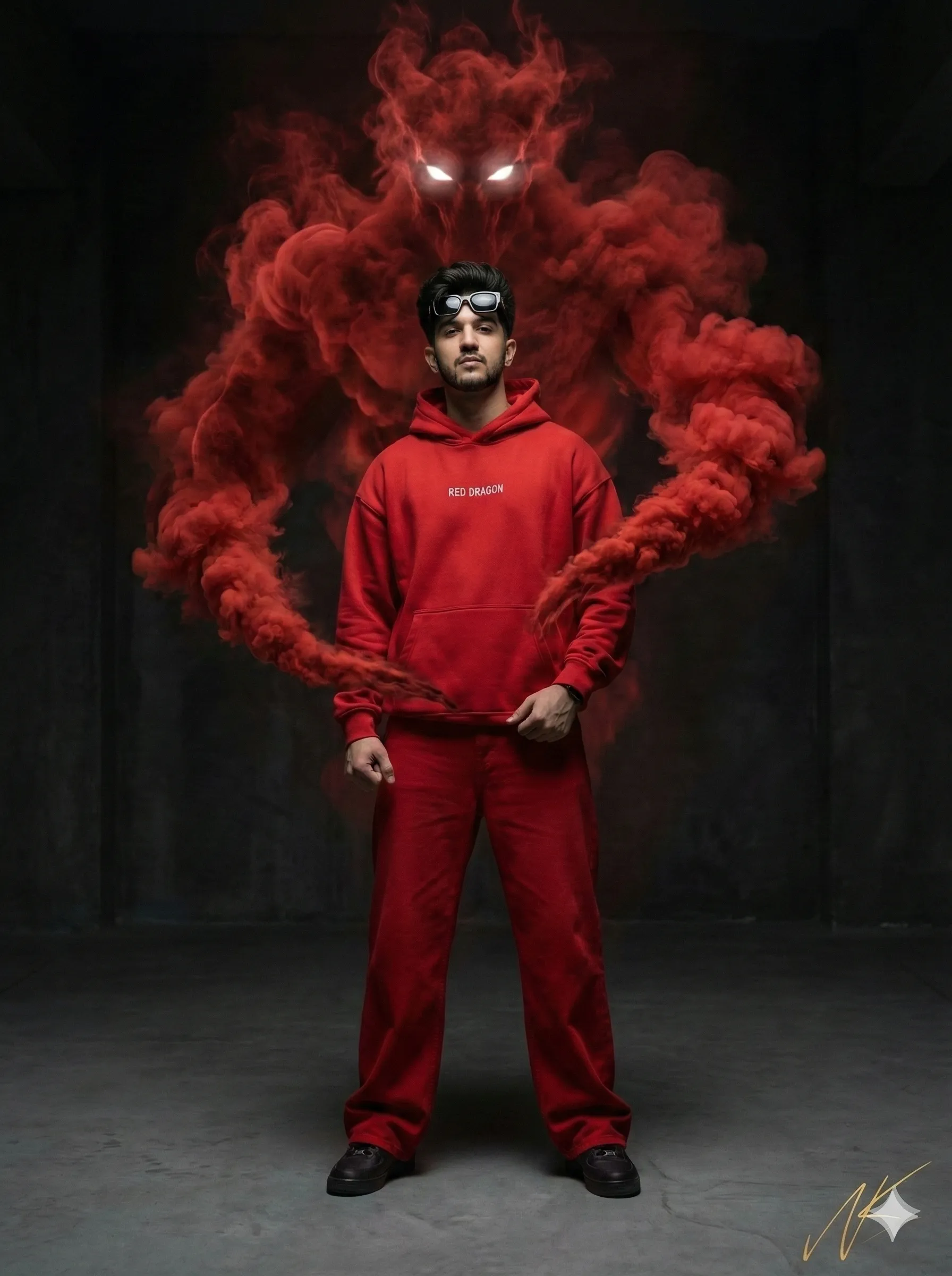 Red smoke demon behind man