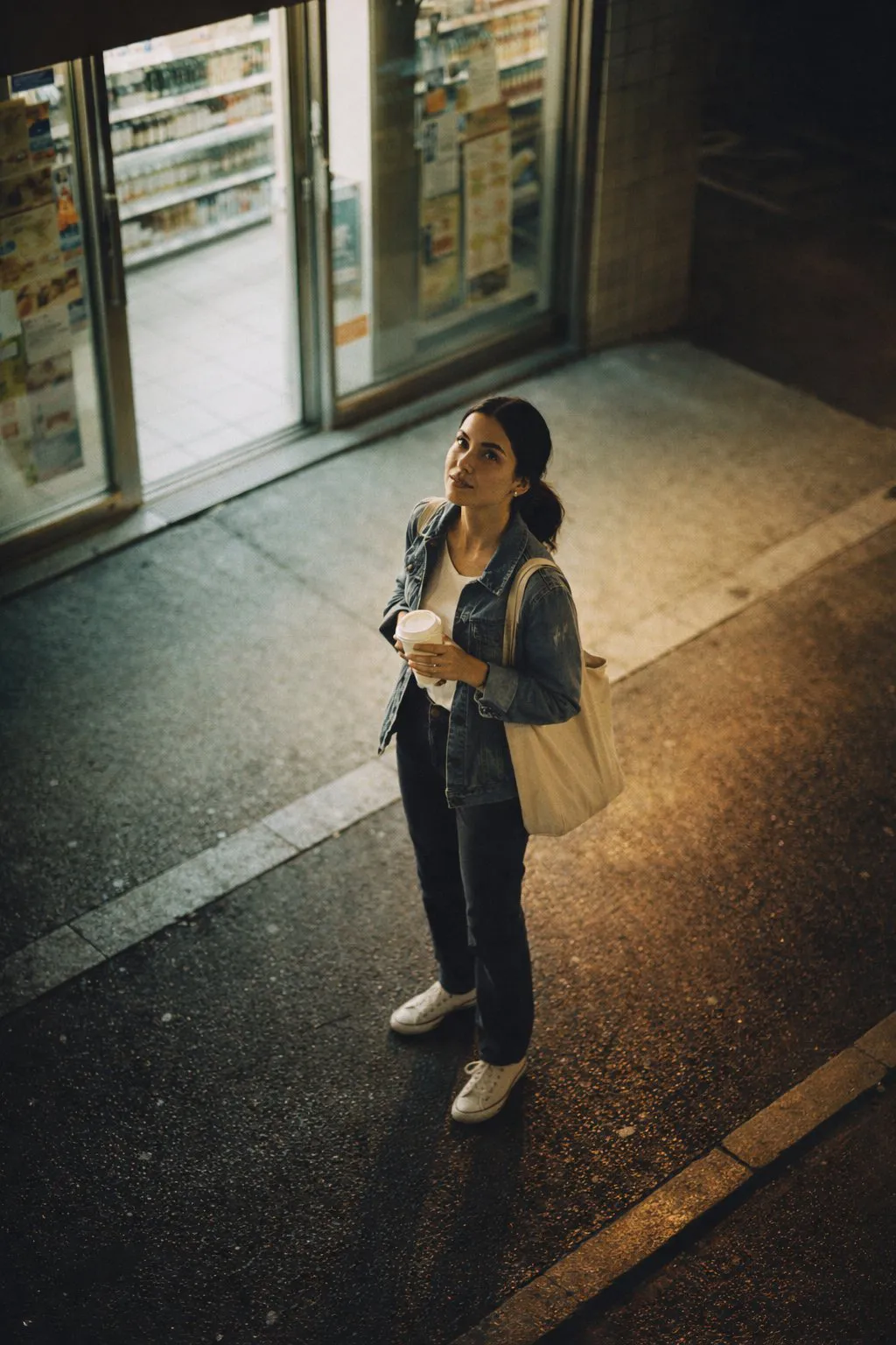Night minimarket street fashion candid