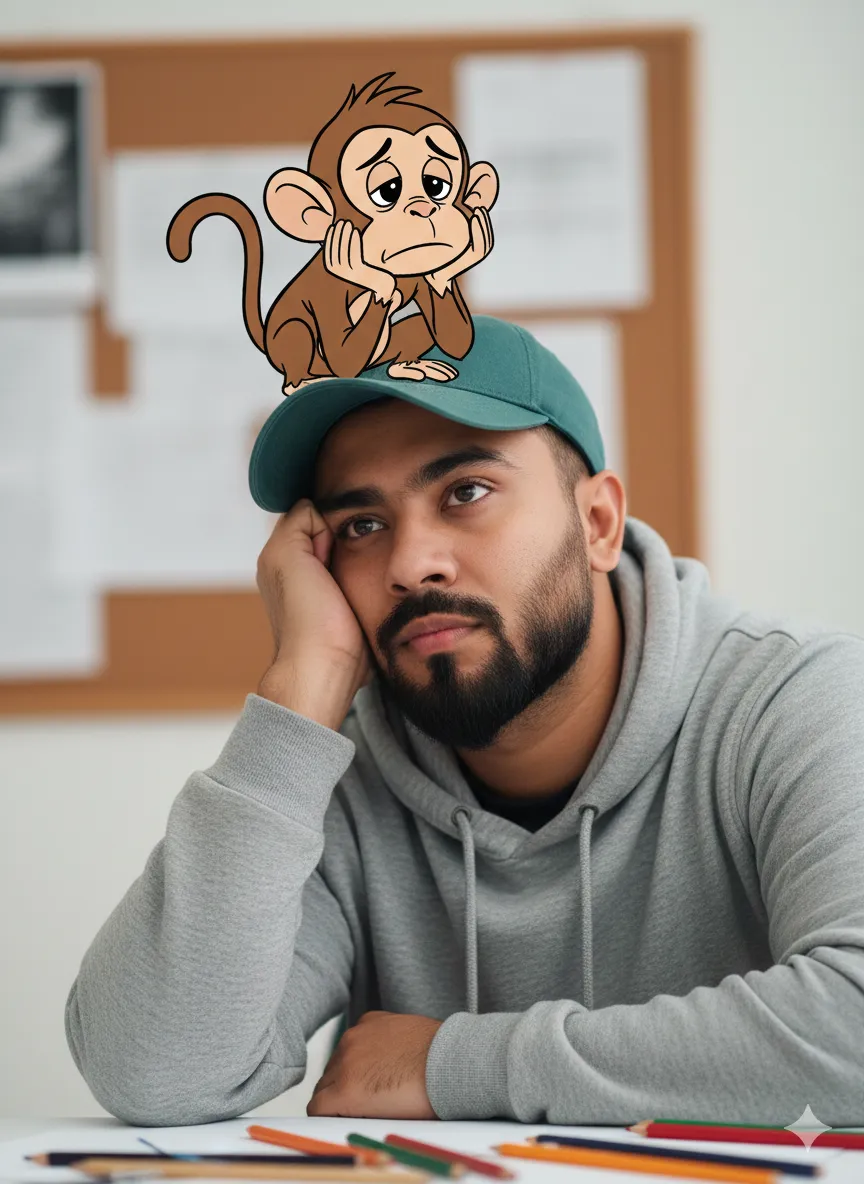 mixed media photorealistic with 2D cartoon monkey on cap