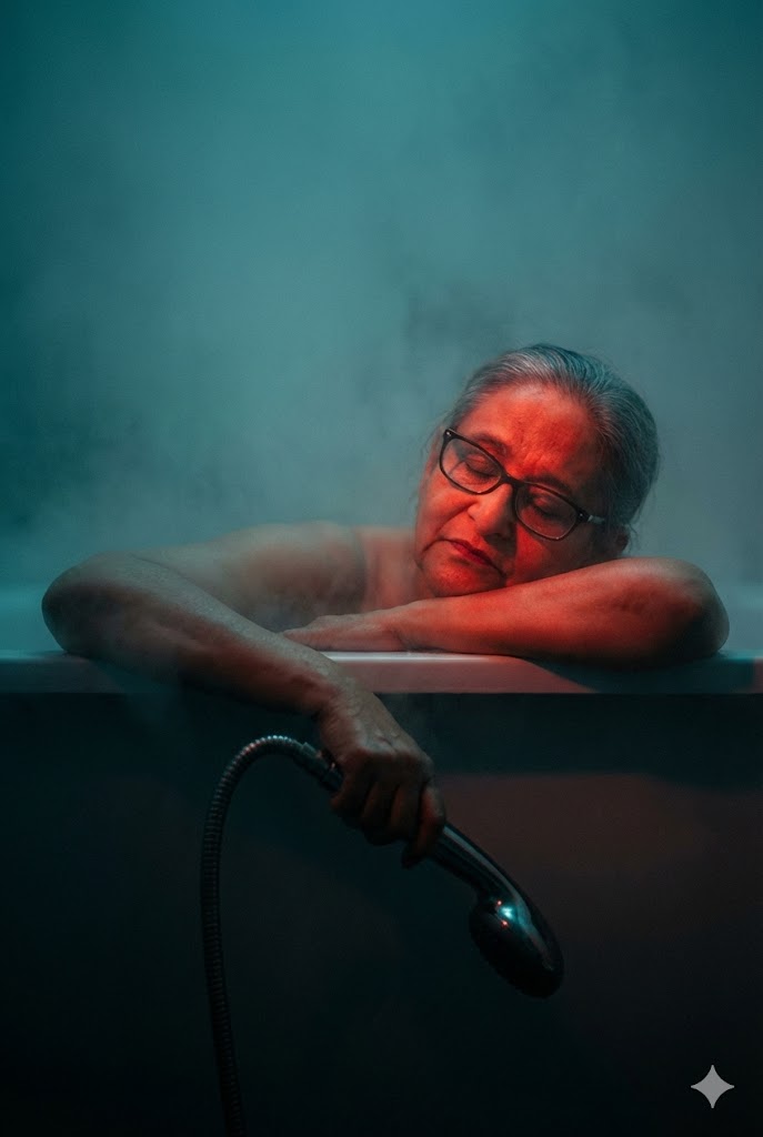 moody bathtub portrait teal and red split lighting
