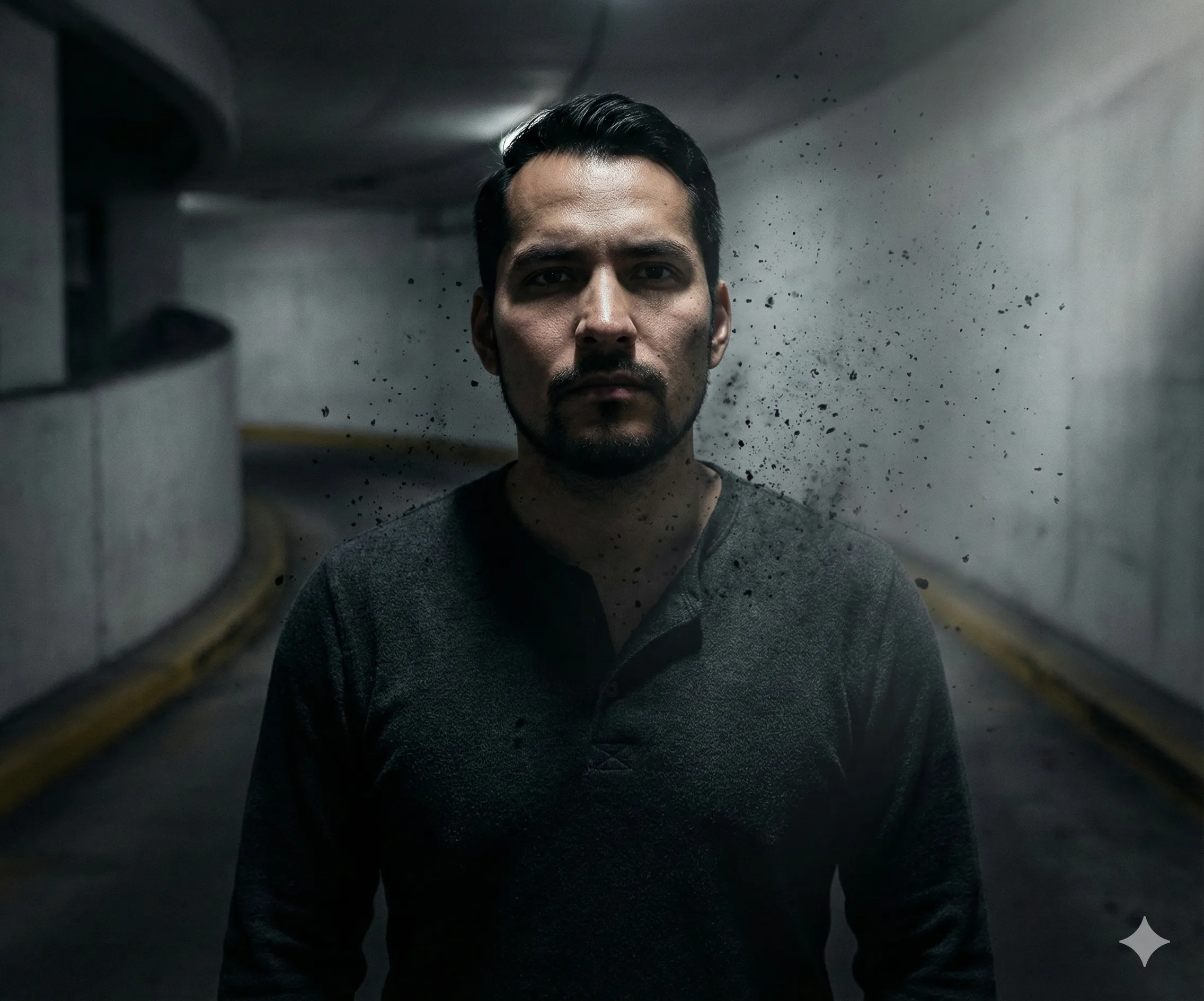 Ash particles drifting parking garage