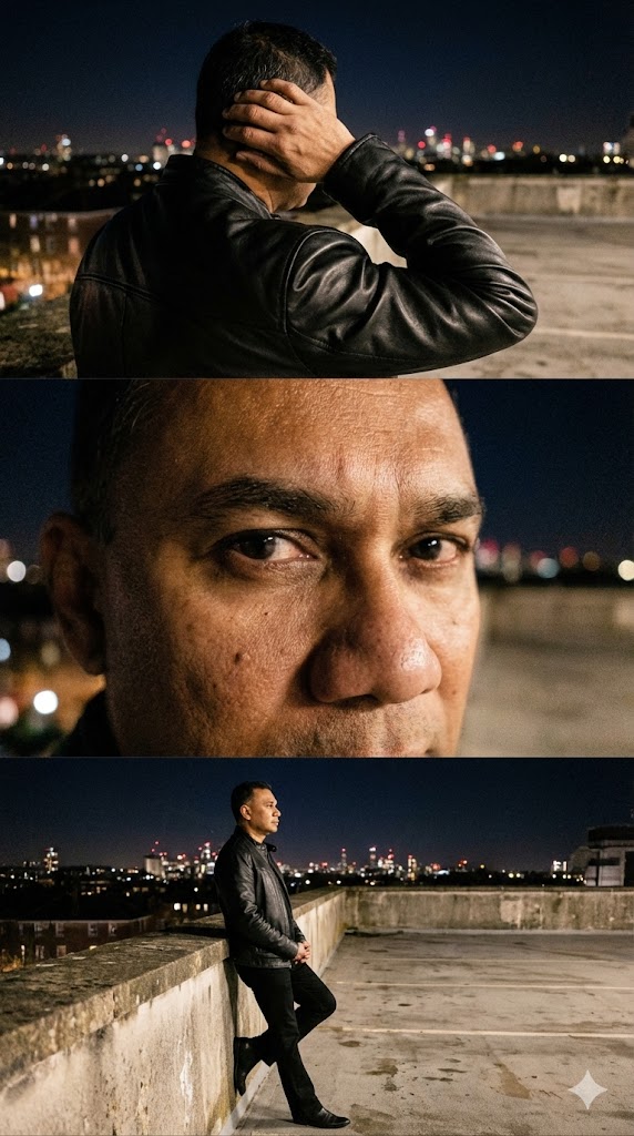 Candid smartphone style AI photography of subject on a dark rooftop