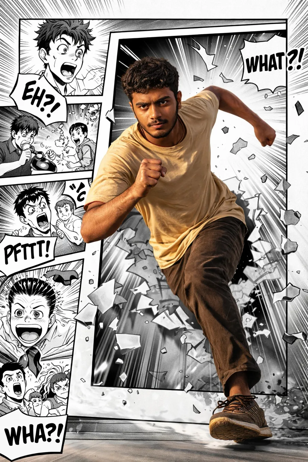 Alternate version of character escaping comic book frame