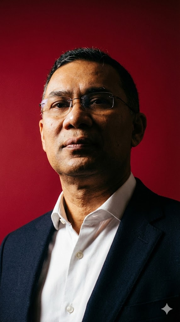 Crimson red background black suit