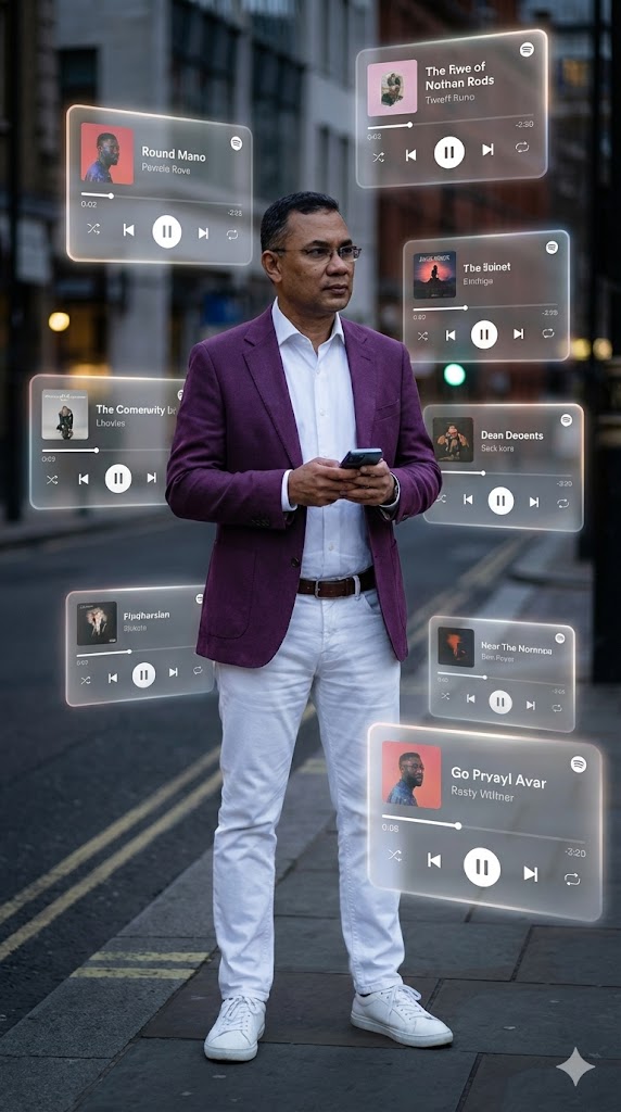 Spotify player cards orbiting person