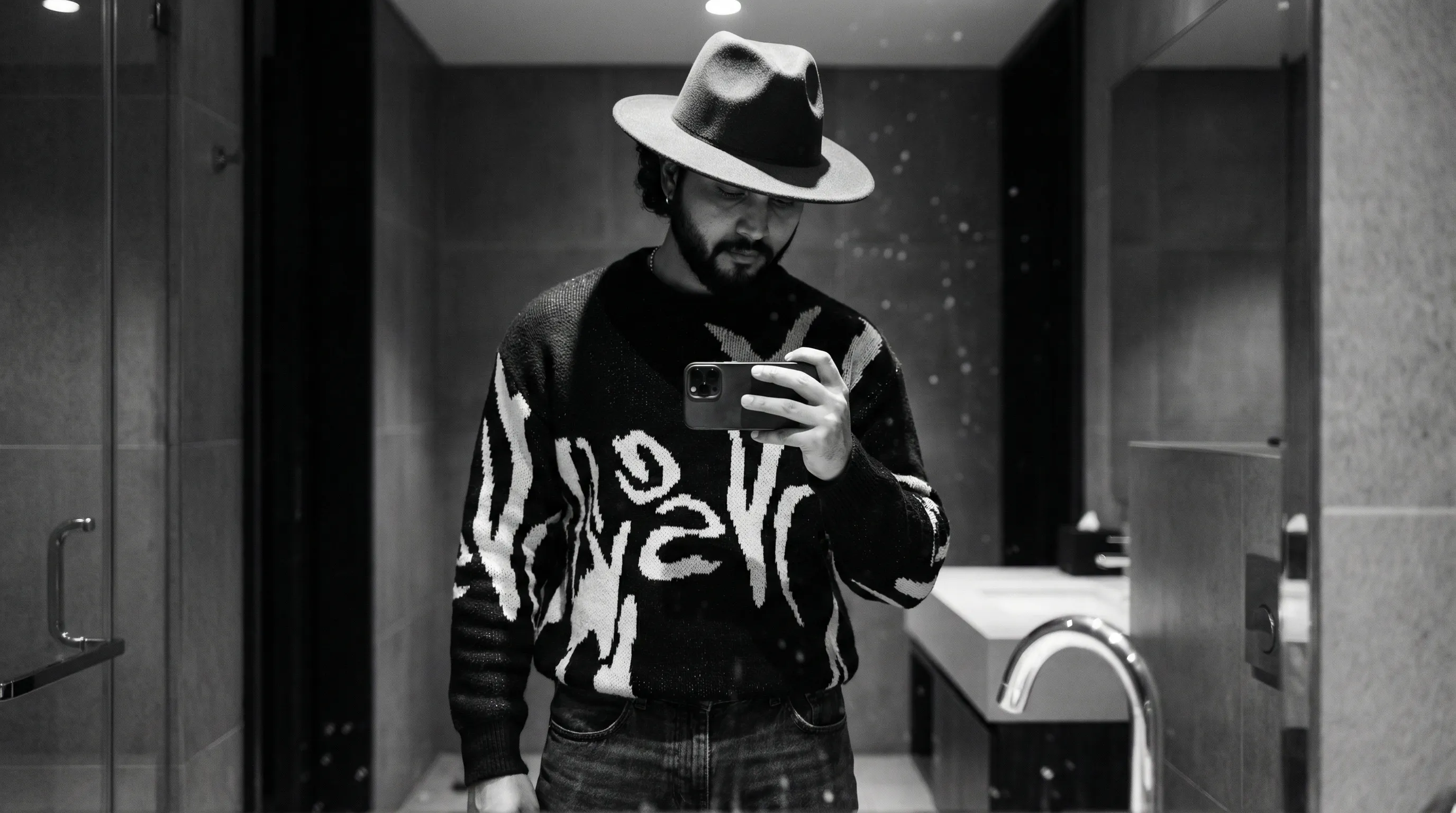 mirror selfie fedora hat dark sweater