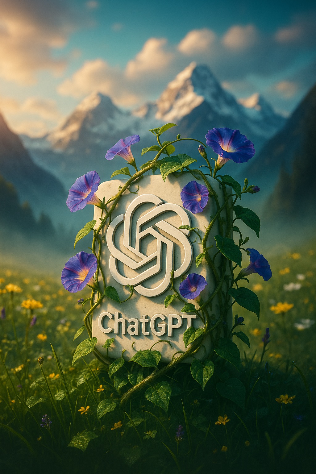 Object wrapped in vines meadow mountains