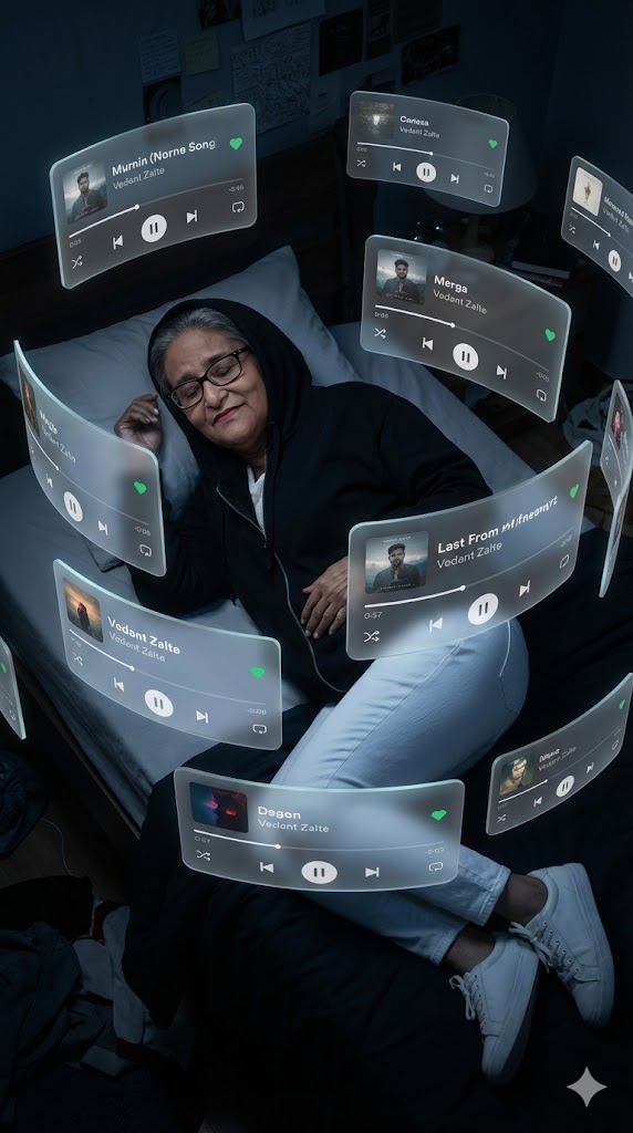 sleeping on bed with floating Spotify cards dreamlike