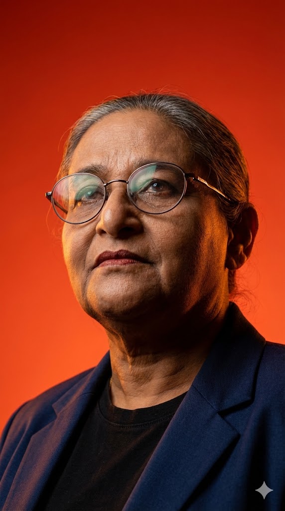 low angle portrait orange red background intense