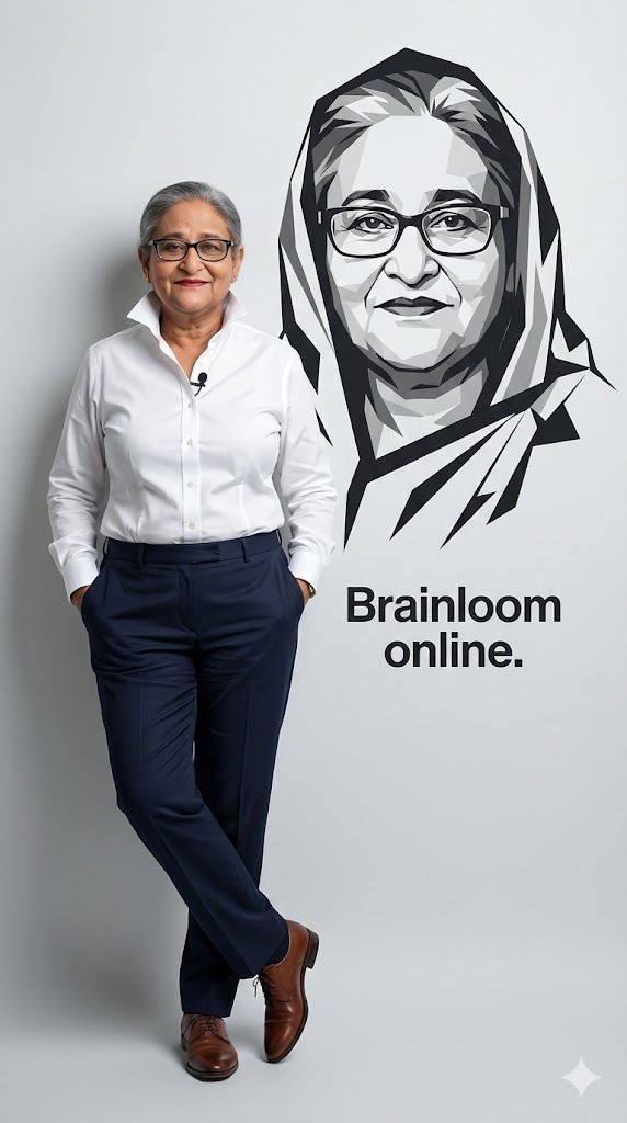 full body portrait with black and white vector portrait on wall