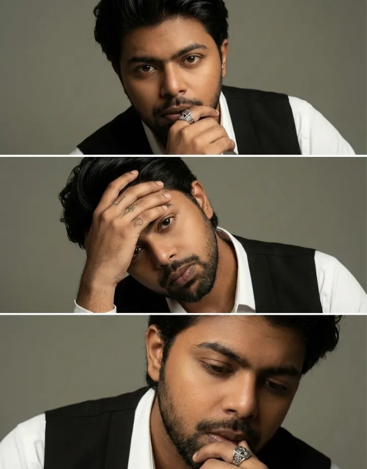 Luxury magazine editorial AI photography split screen with hand tattoos and rings