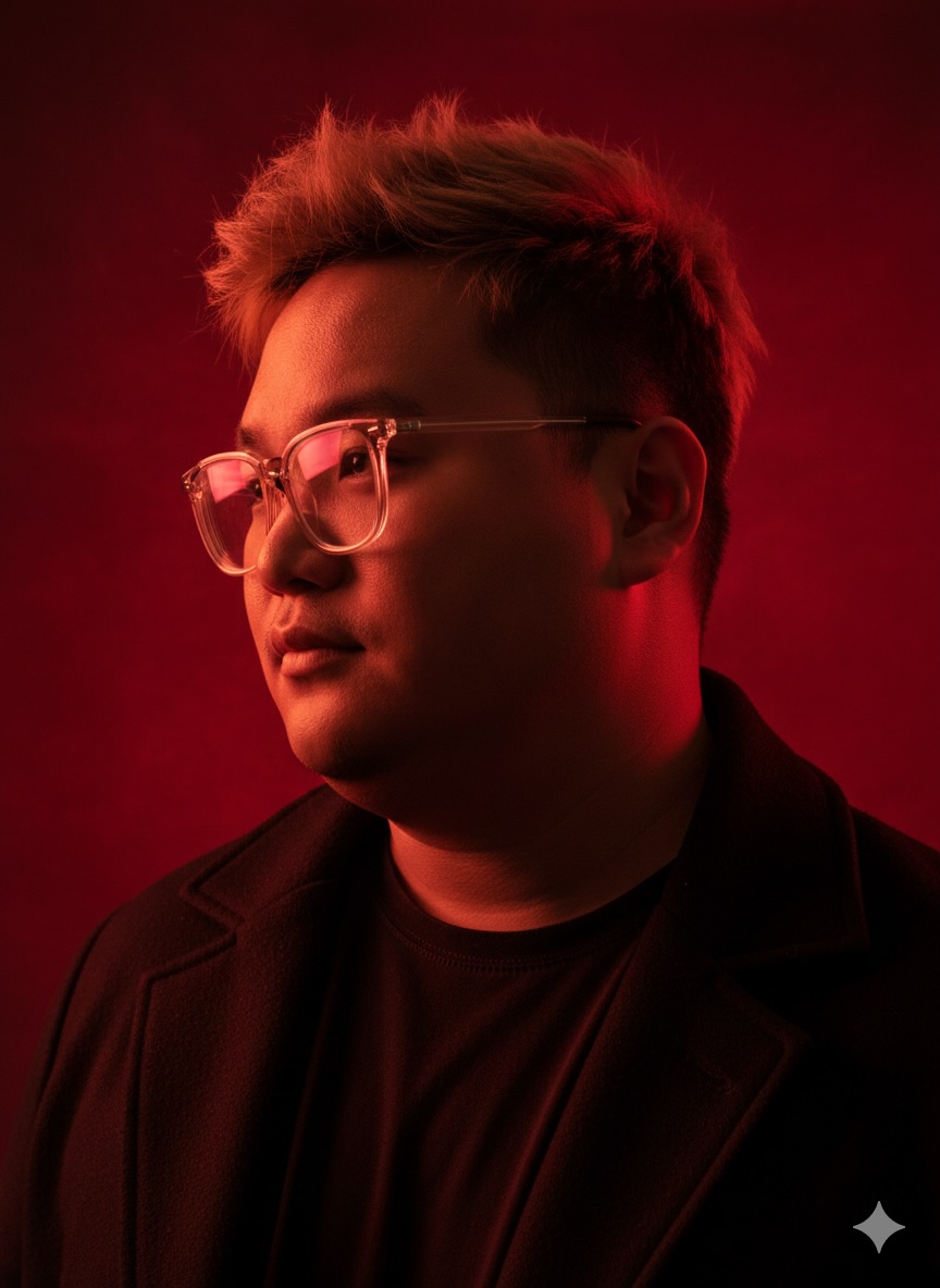 Red background side profile with glasses