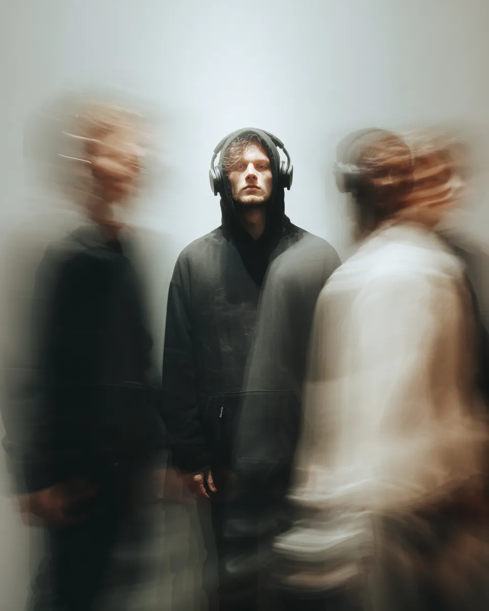 standing still with headphones blurred figures