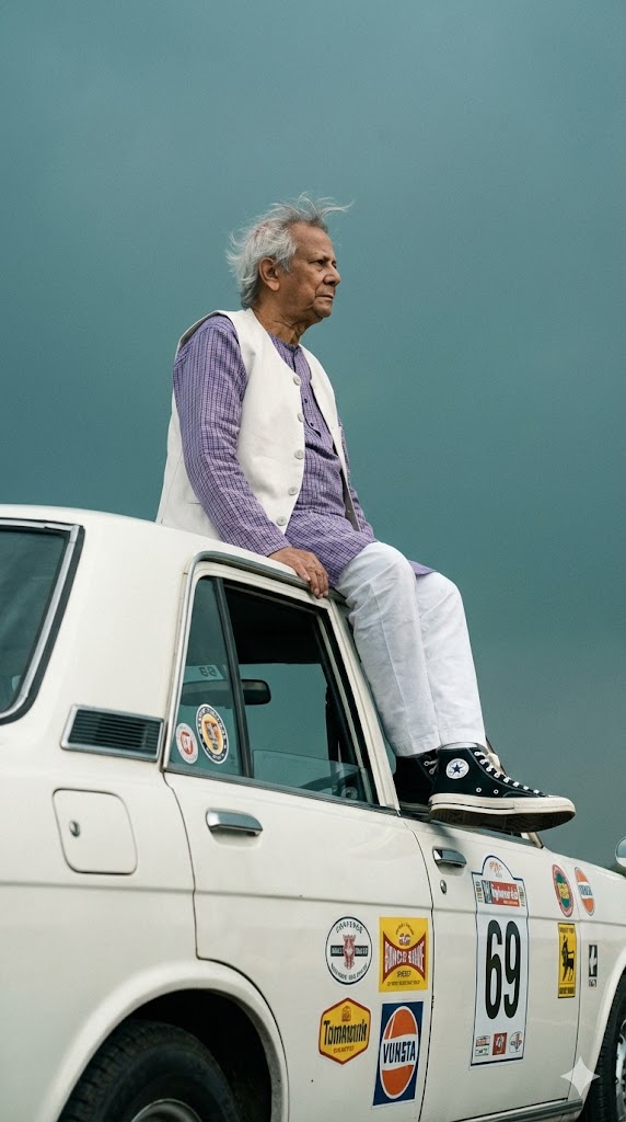 sitting on roof of white vintage sedan race car
