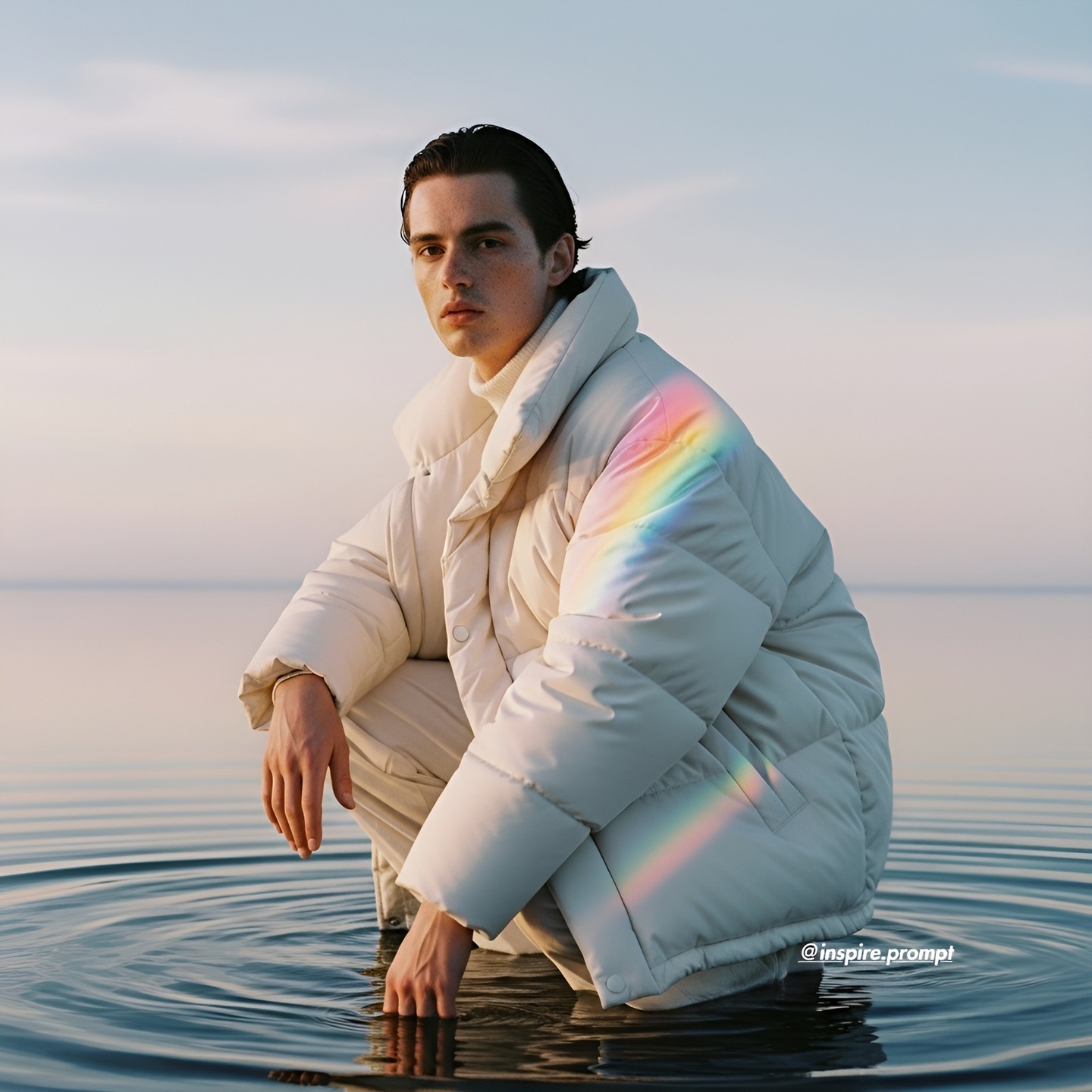 Crouching on mirror lake with rainbow refraction