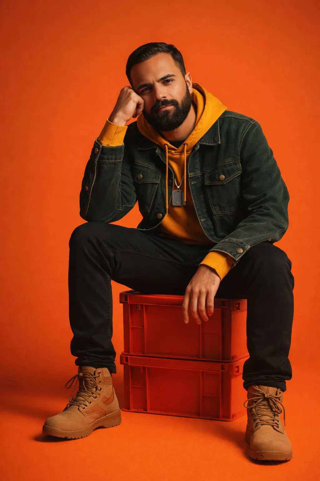 seated on red storage bins orange background