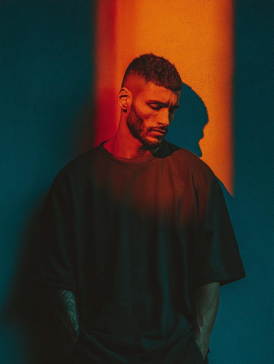 moody cinematic red light beam dark blue background