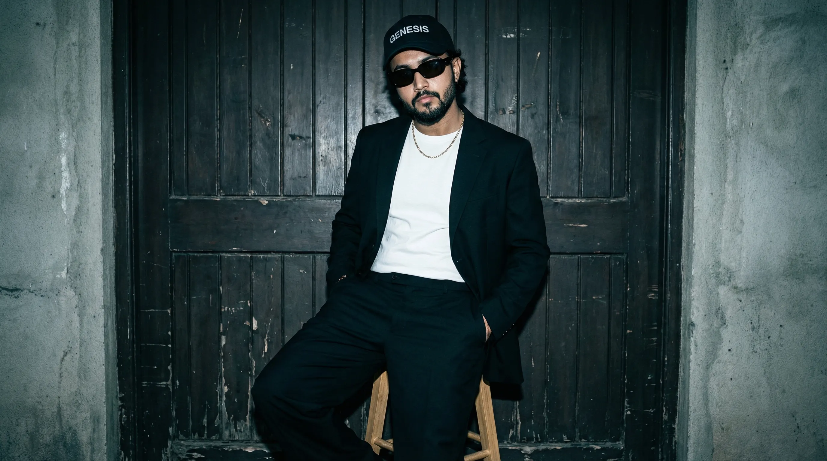 editorial flash portrait black suit