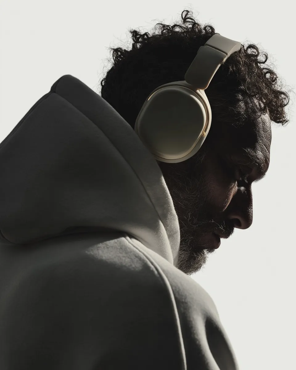 Dramatic backlit silhouette with headphones