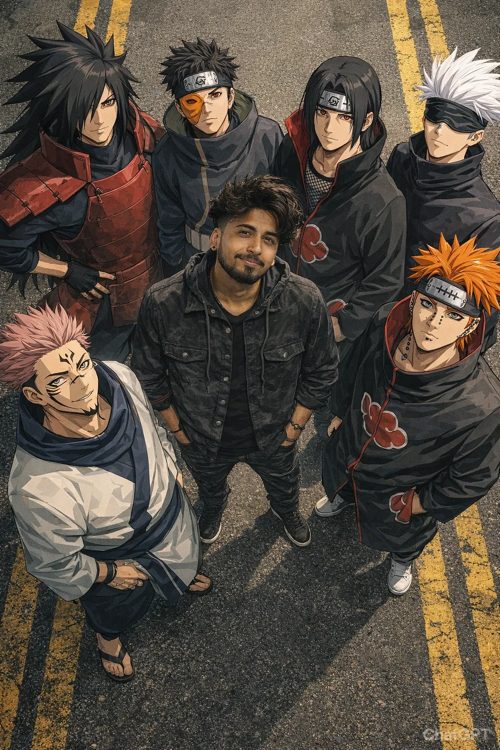 cinematic hybrid real life anime group scene