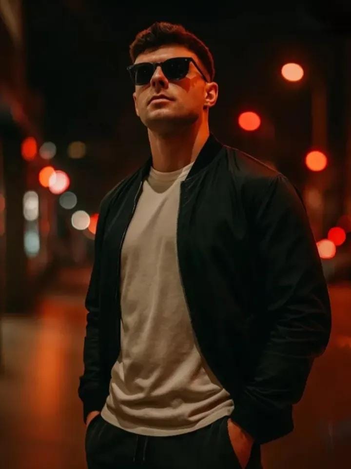 Portrait city street golden hour gray sweater