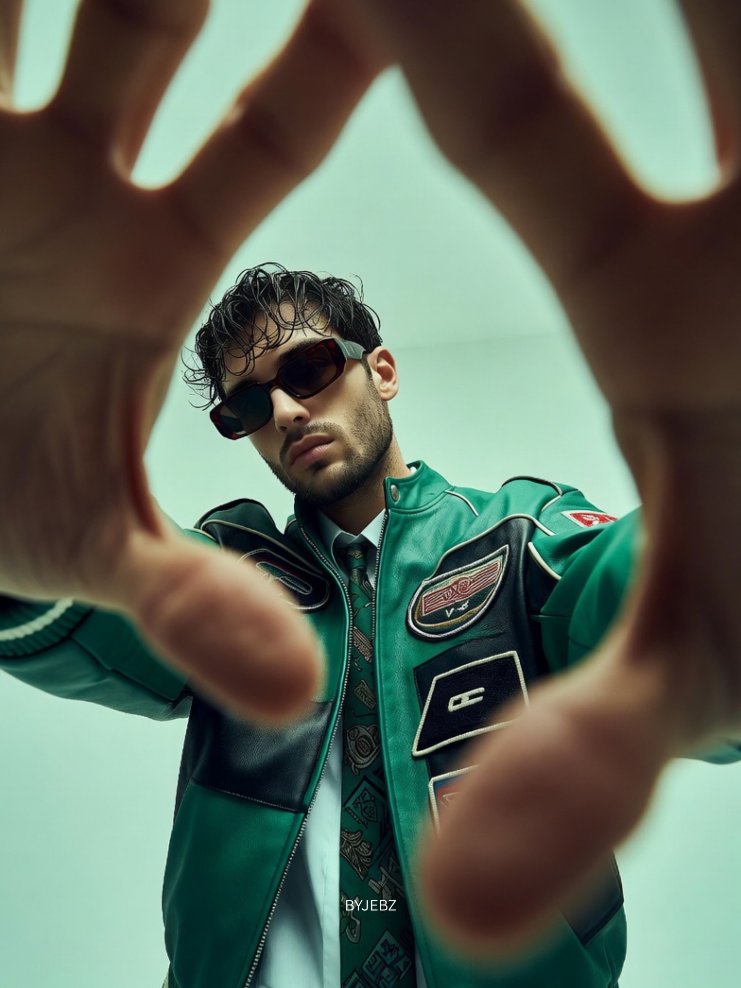 ultra wide racing varsity jacket reaching camera