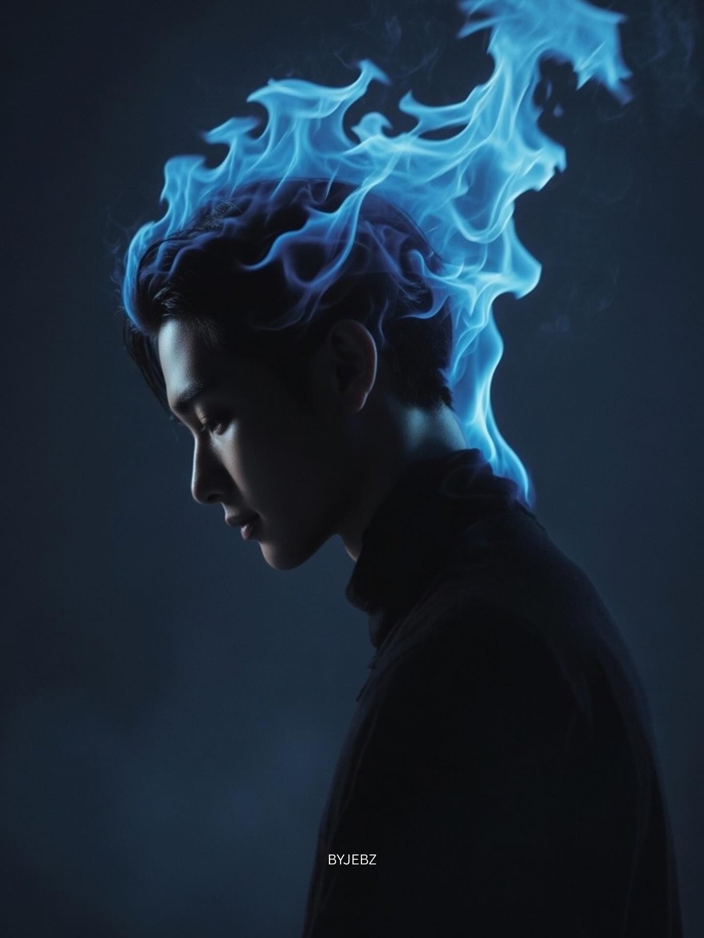 blue fire hair side profile cyan rim lighting