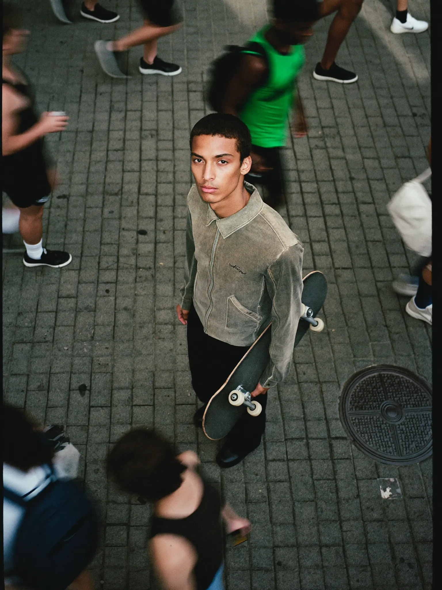 high angle streetwear skateboard urban setting