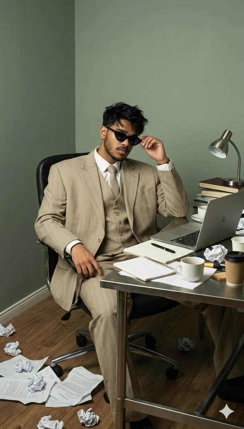 Cluttered desk office chair beige suit