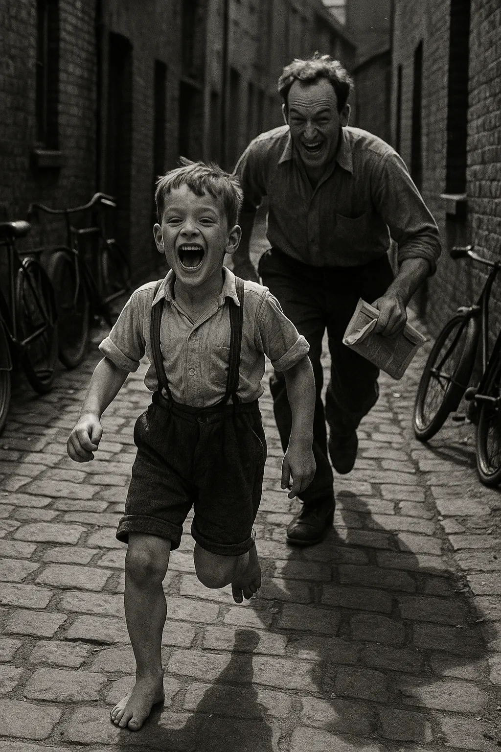 Black and white street photography chase scene