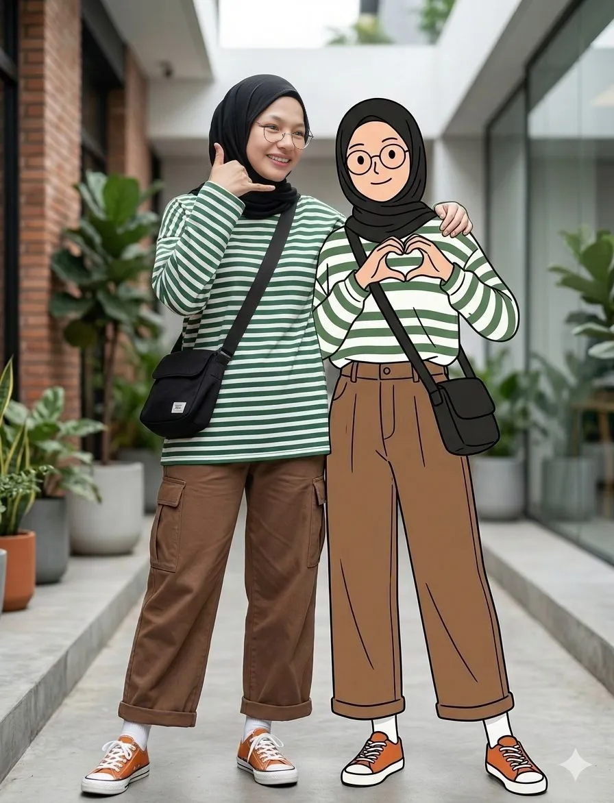 cinematic street fashion with 2D cartoon version