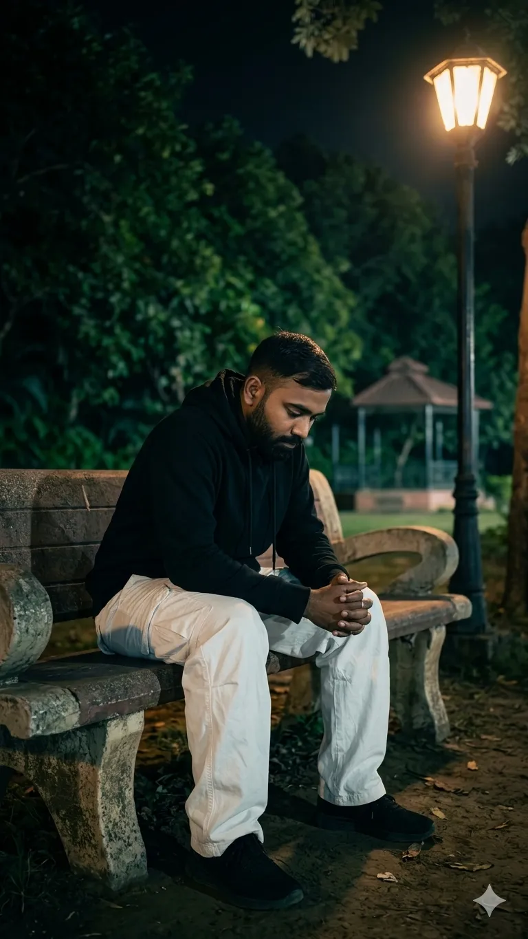 dejected on park bench at night vintage lamp