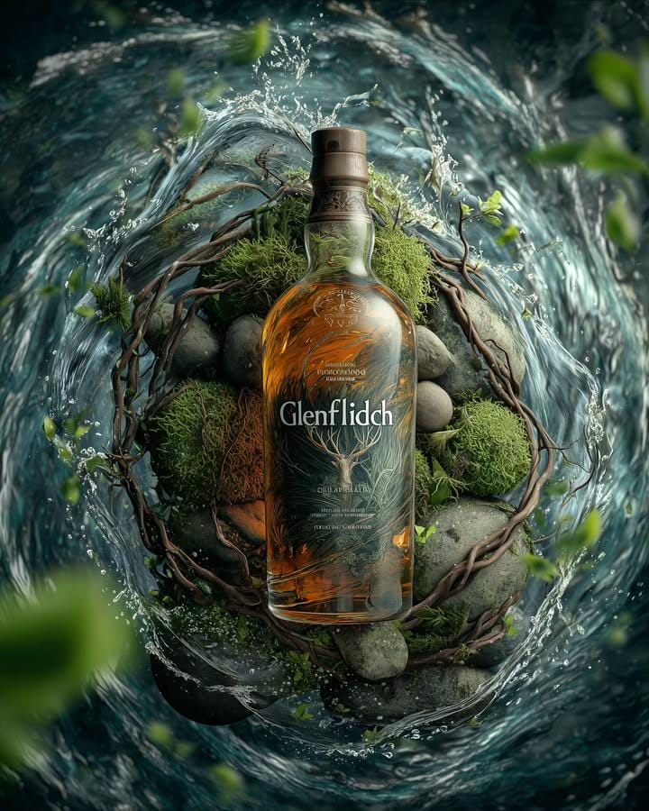 Glenfiddich whisky bottle moss stones