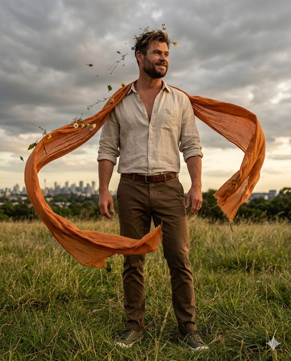 grassy field orange scarf swirling romantic