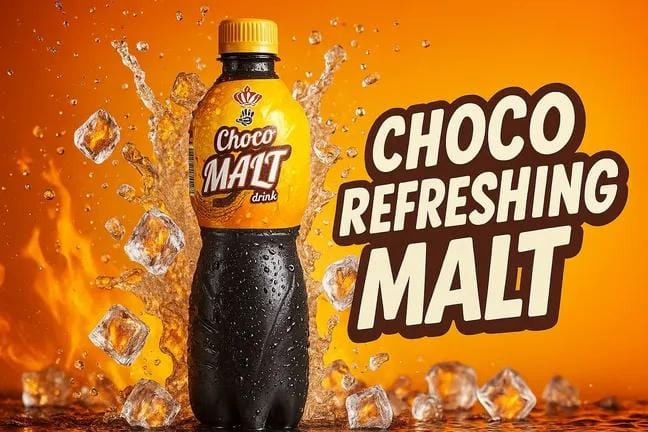 Choco Malt drink bottle explosion orange background