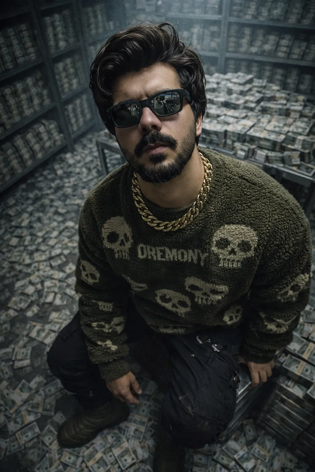 high top down warehouse filled with money