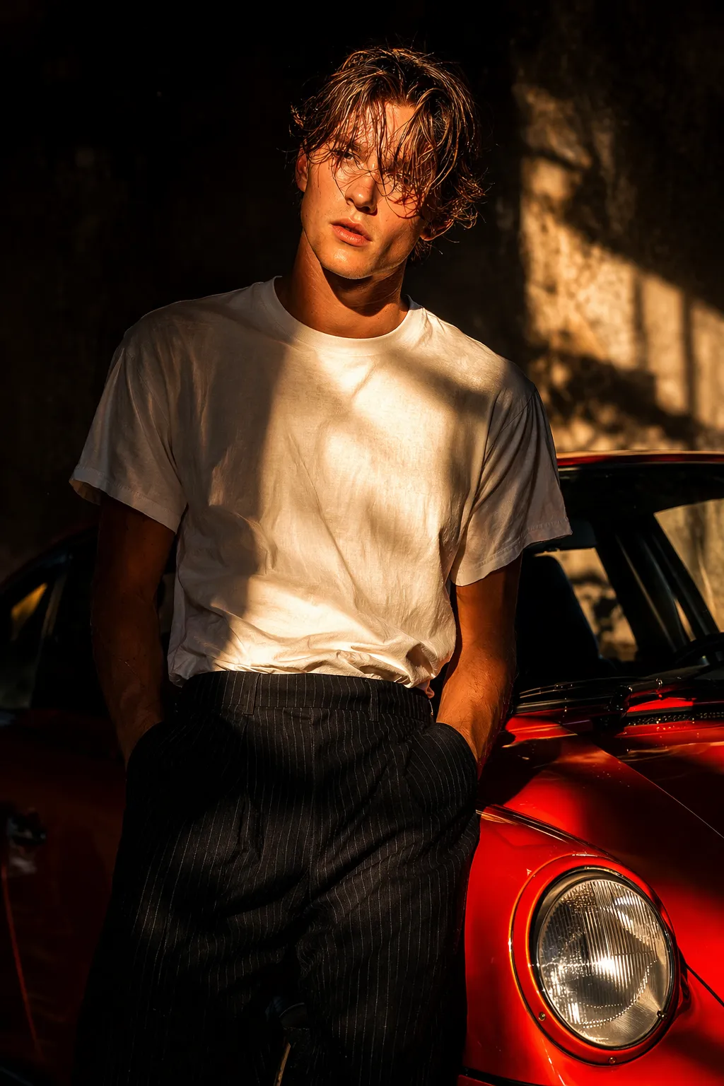 vintage red sports car golden sunlight