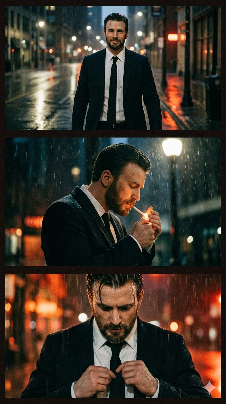 Gritty analog film storyboard AI generation showing rainy night atmosphere