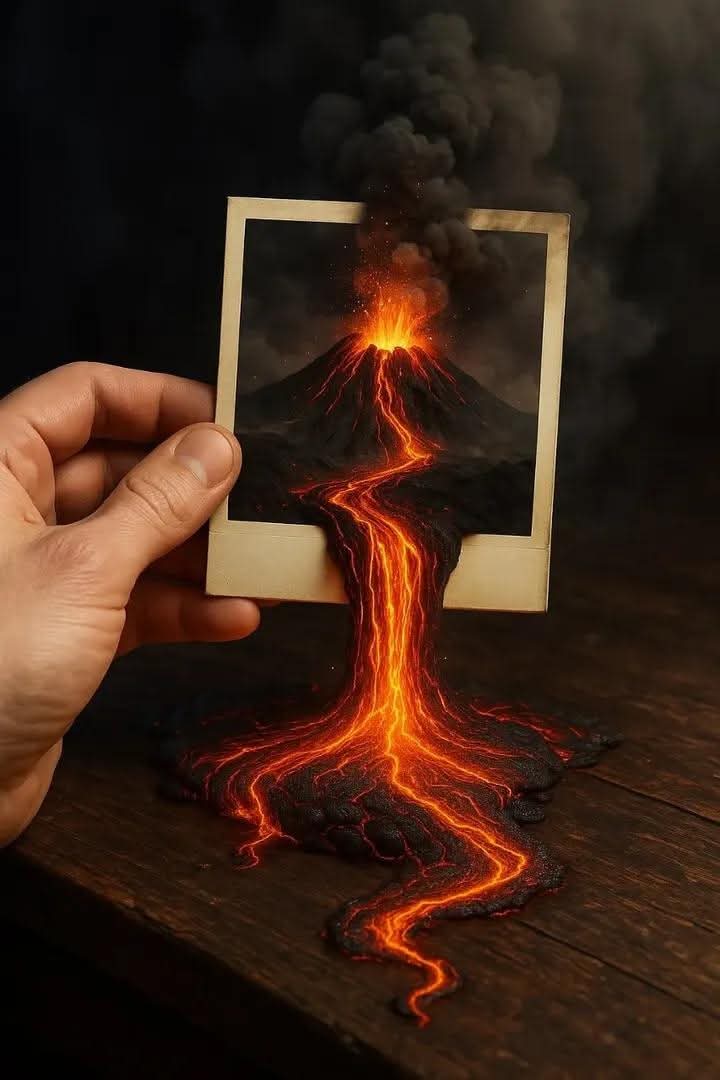 Polaroid volcano lava flowing out