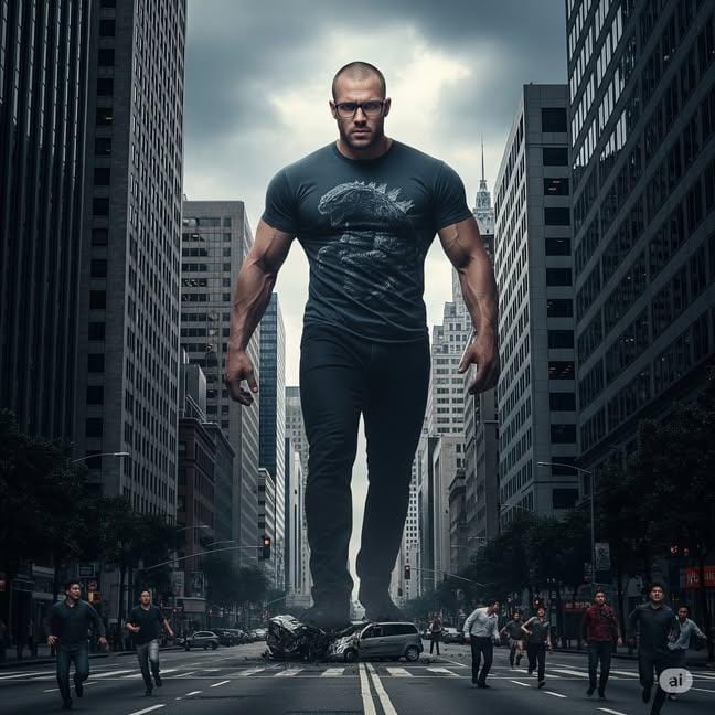 Giant muscular man crushing car Godzilla T-shirt