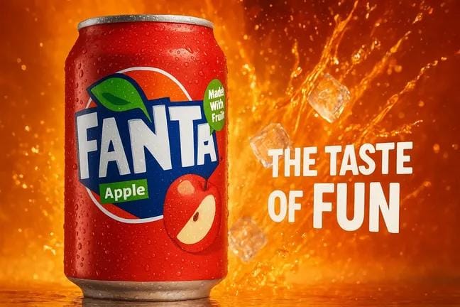 Fanta Apple can explosion red-orange background