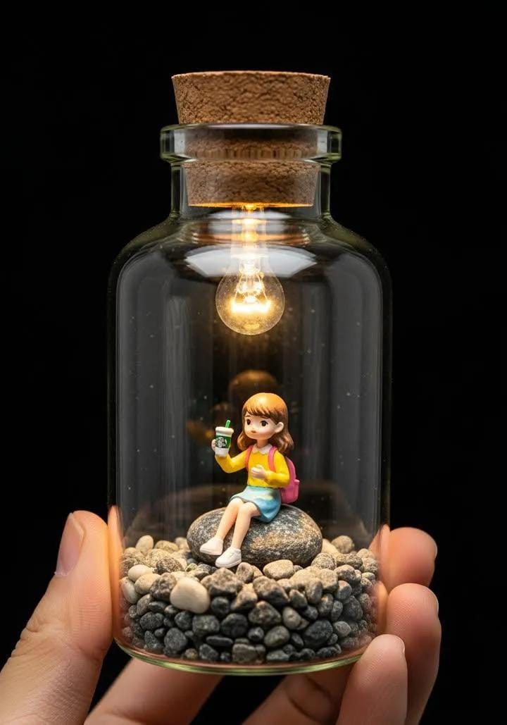 Miniature scene inside glass bottle
