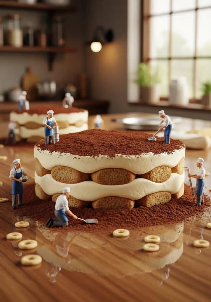 Miniature bakers working on colossal apple pie