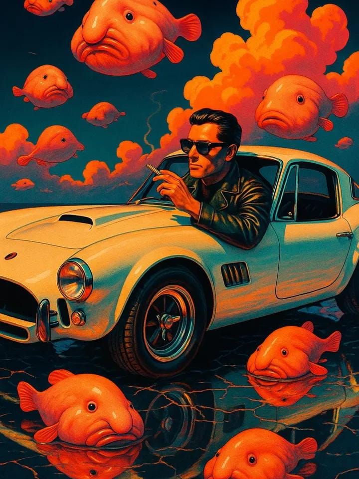 Retro-surreal cinematic car and animals